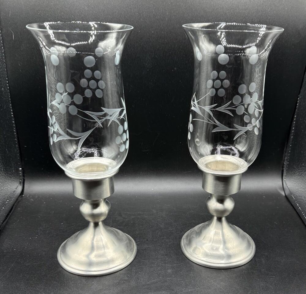 Kirk Weighted Pewter Candlesticks Etched Glass Hurricane Shades Set Of 2 -A95